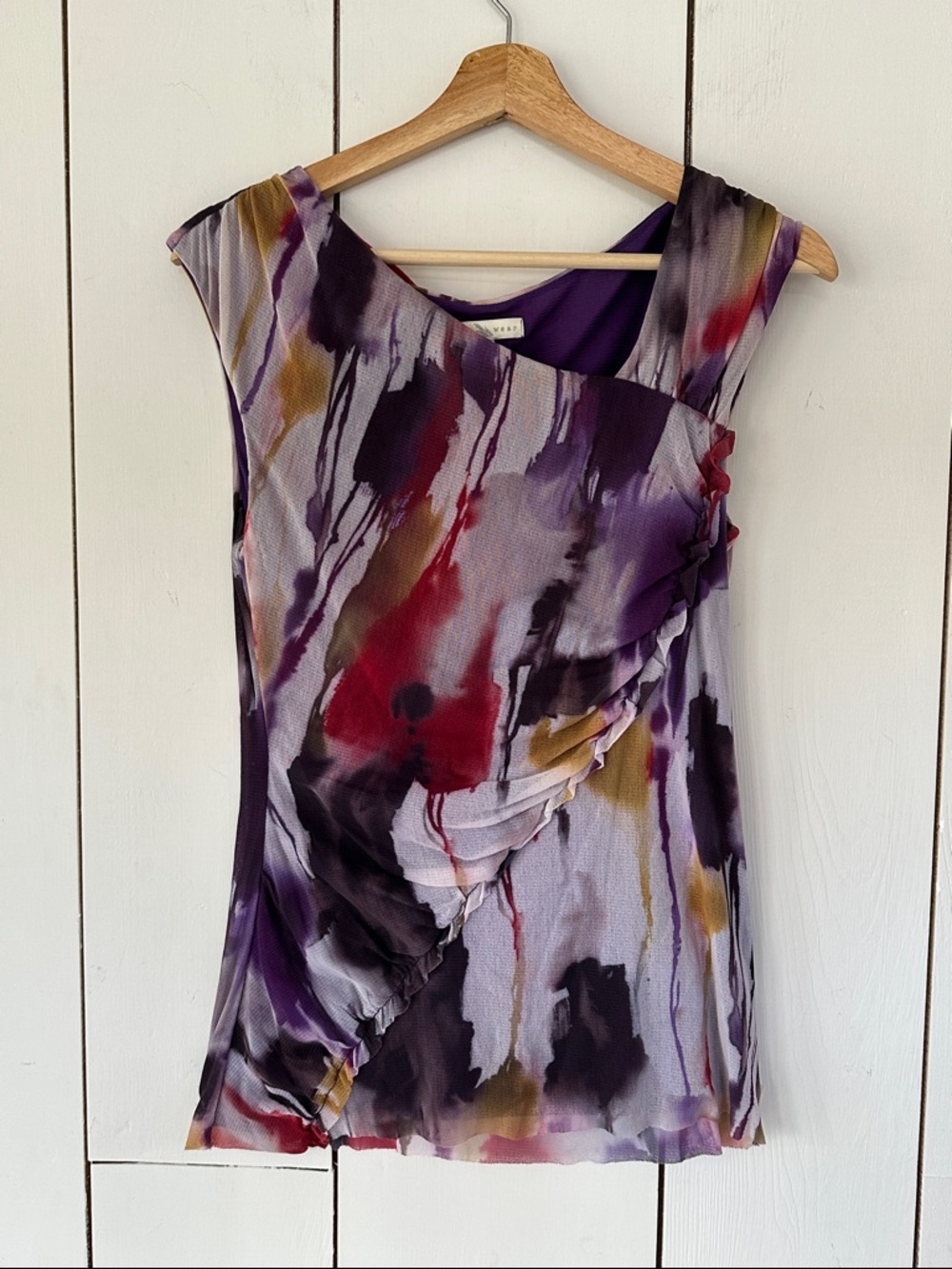 VTG Y2K Asymmetric Sheer Mesh Painterly Tank Top L Purple Red Rave Indie Sleaze